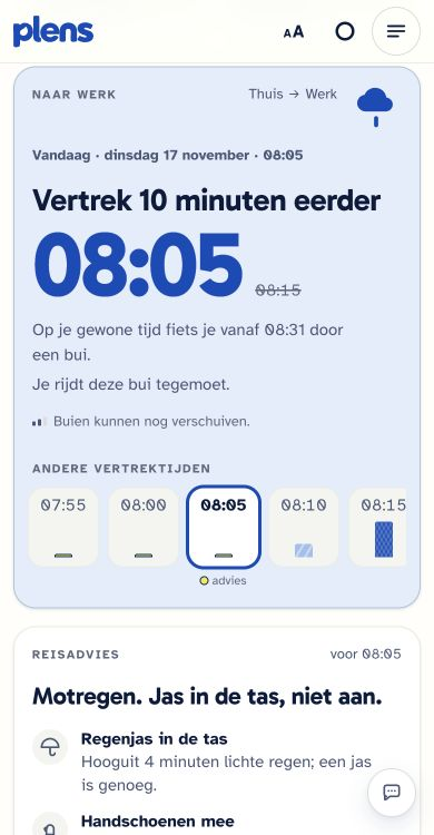 Dezelfde rit, vertaald naar een concreet vertrekadvies. Eerder vertrekken kan de regen onderweg veranderen.