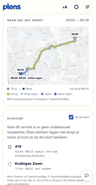 Echte Plens-routekaart: van Thuis naar Werk, via echte wegen en fietspaden, met lichte regen op het laatste stuk.